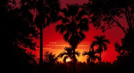 Fototapeta premium Fiery Red Sunset Silhouette of Palm Trees