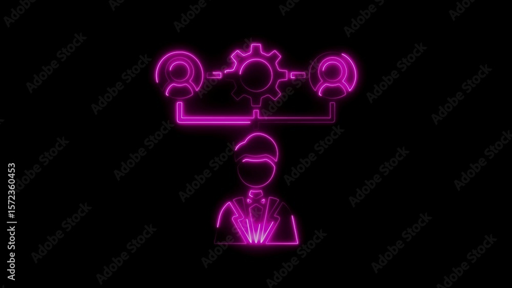 Poster neon illustration of teamwork and process with a manager in a business management context