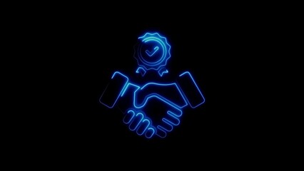 Neon blue handshake agreement with certificate symbol on black background