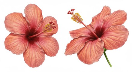 Peach and Coral Hibiscus Flower Illustration