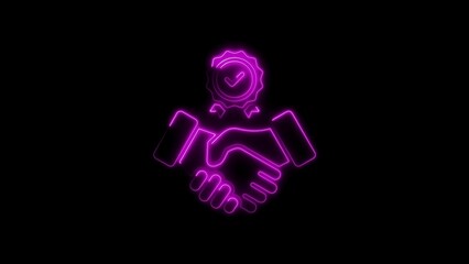 Glowing neon handshake with check mark signifies agreement and trust on black background