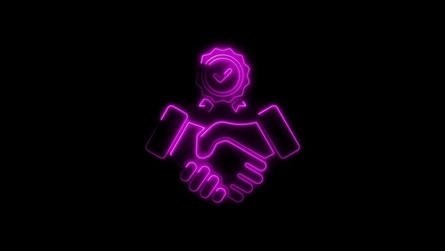Glowing neon handshake with check mark signifies agreement and trust on black background