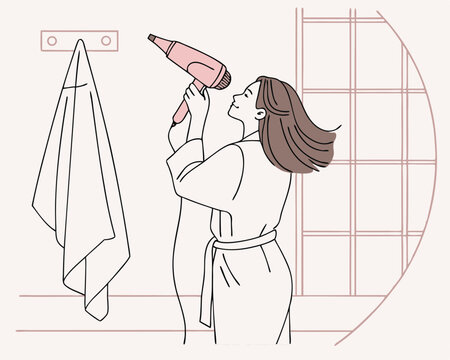 woman drying hair with pink hairdryer clip art preview