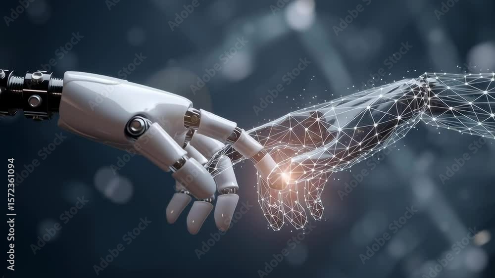 Aufkleber two robotic hands are touching each other, symbolizing the connection between humans and technology.