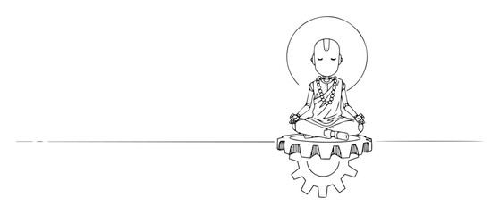 buddha meditating on gear minimalist line art illustration
