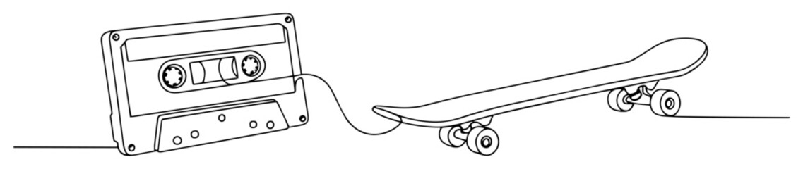 one continuous line drawing of retro cassette tape and skateboard 90s nostalgia concept