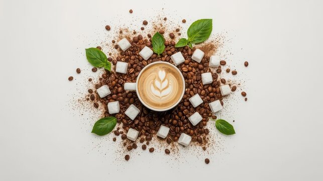 Coffee cup with latte art surrounded by coffee beans sugar cubes and green basil leaves on white