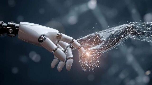 Two robotic hands are touching each other, symbolizing the connection between humans and technology. Concept of wonder and curiosity about the future of human-machine interaction