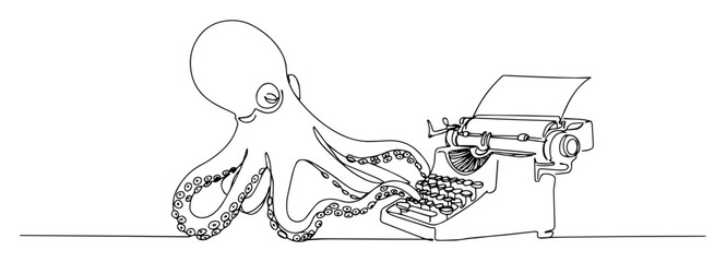 octopus typing on typewriter continuous one line drawing © Wieslaw