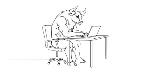 minotaur working on a laptop at the office desk, one line drawing