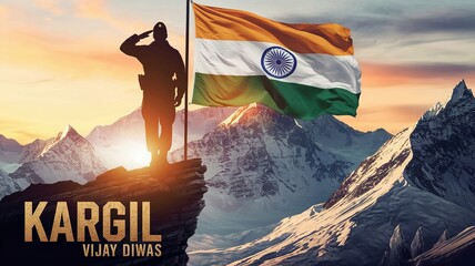 Indian Soldier Saluting on Mountain with National Flag – Kargil Vijay Diwas Poster
