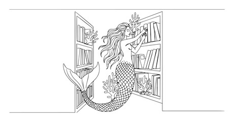 mermaid in a library choosing a book, fantasy reader vector illustration
