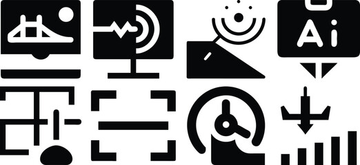 Vector art of a collection of diverse icons representing various technological and design elements isolated on transparent background.