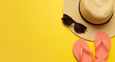 Summer Essentials for a Fun Day at the Beach with Sunhat, Sunglasses, and Flip Flops