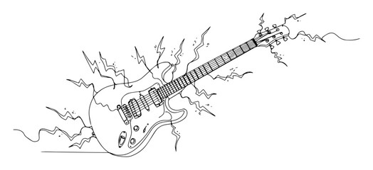 electric guitar with lightning. rock music concept continuous one line drawing