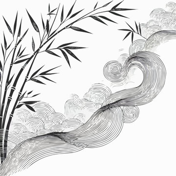 Bamboo and waves in traditional style, black and white, decorative illustration with copy space