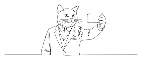 cat in a suit taking a selfie. continuous one line drawing vector