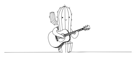 cute cartoon cactus playing guitar. simple line art vector illustration