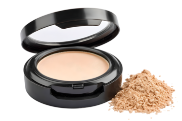 Open compact with a light orange powder foundation in a black case on a white background.
