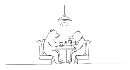 two bears on a coffee date in a diner booth. simple line art vector illustration
