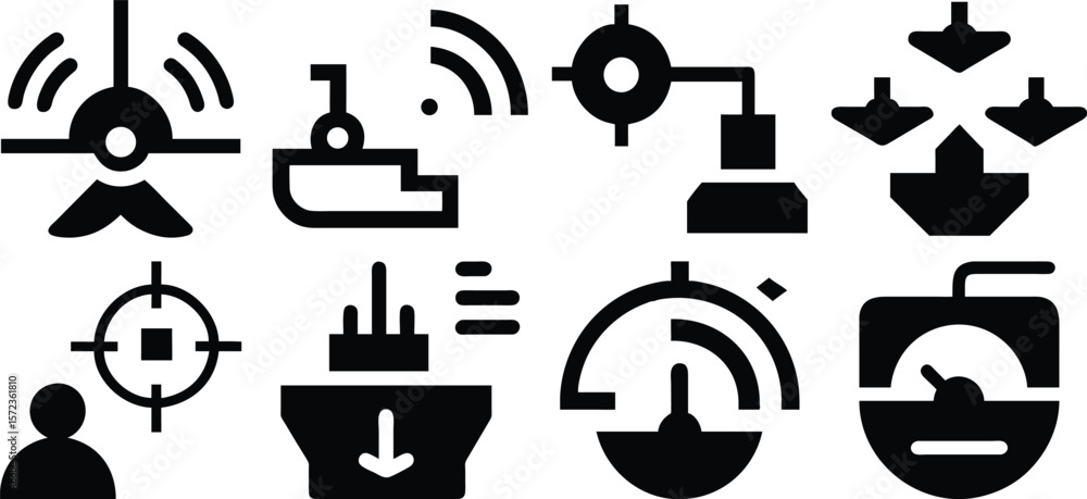 Poster vector art of a set of black icons depicting various transportation and navigation systems isolated 