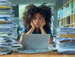 woman overwhelmed with work with documents on table, house with documents on the table, stacks of documents on the table,overload at work in the office, generative ai