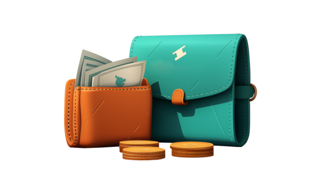 A cartoon illustration of wallets, money and coins on a black background