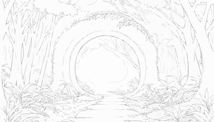 Fototapeta premium Enchanting forest pathway sketch with a mystical circular archway and lush greenery 