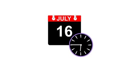 July month 16 date calendar icon clock white color 4k illustration. 