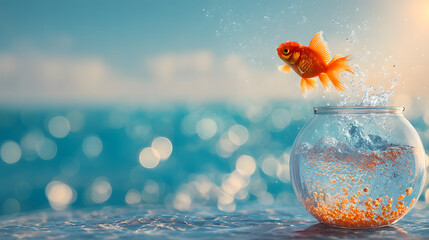 水槽から飛び出す金魚のジャンプシーン