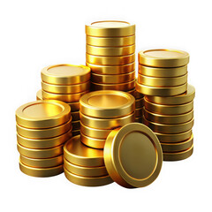 Photo of stacks of shiny gold coins are piled high, representing wealth and financial success isolated on transparent background