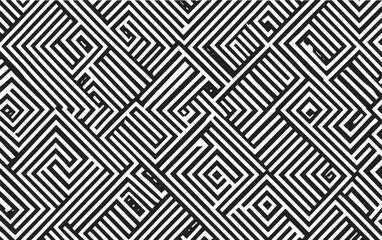 Black and white geometric maze pattern with interlocking squares and lines abstract