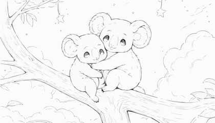 Adorable koalas hugging on a tree branch, heartwarming wildlife scene, black and white coloring page