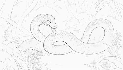 Majestic snake in a lush jungle setting, detailed wildlife scene, black and white coloring page
