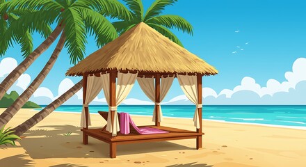 Tropical Beach Paradise: Relaxing under a Palm-Thatched Gazebo