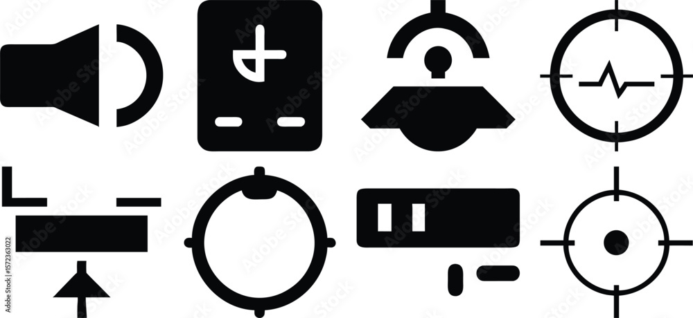 Poster vector art of a set of simple black and white interface icons isolated on transparent background.