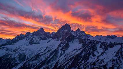 Fiery Sunset Over Snow Covered Mountain Peaks