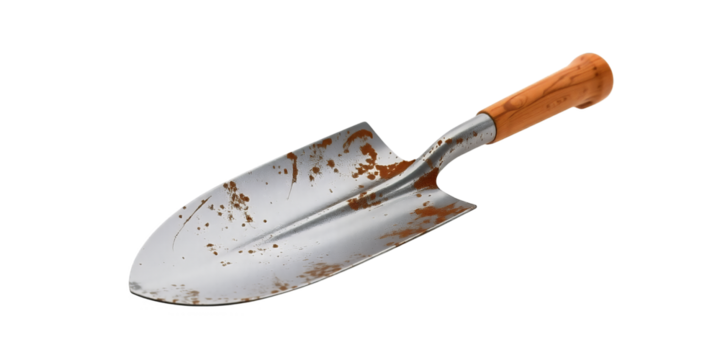 An isolated image showcasing a rusty metal garden trowel with a wooden handle on black on transparent background