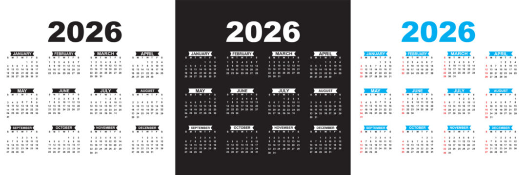 Set of calendars 2026  years.  Week starts on Sunday. Calendar Set for 2026 . Yearly planner layout with 12 month. Vector illustration