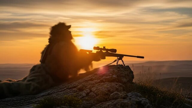 Sniper at Sunset - A silhouetted figure of a sniper, cloaked in camouflage, lies prone on a rocky outcrop, aiming a rifle towards the distant horizon as the sun sets behind them, casting a warm