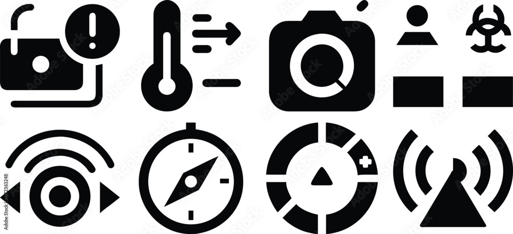 Poster vector art of a set of diverse icons representing various concepts, including warning, temperature, 