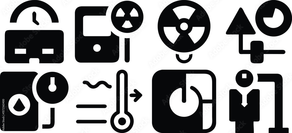 Poster vector art of a comprehensive set of black icons depicting various symbols and signs isolated on tra