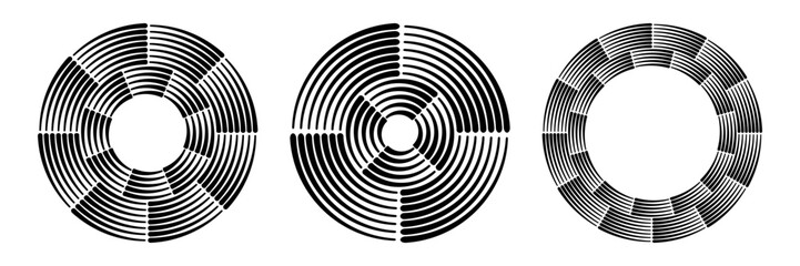 Set of circles shapes. Lines in circle form. Round technology logo. Design element. Abstract round geometric shapes. Striped frame. Black circles isolated on white background.