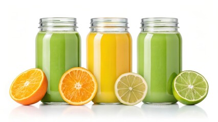 Fresh orange and citrus fruit juice in a glass with isolated sweet organic fruits