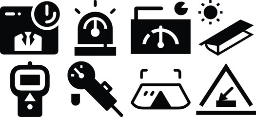 Vector art of a set of diverse icons depicting various measurements, controls, and warnings isolated on transparent background.