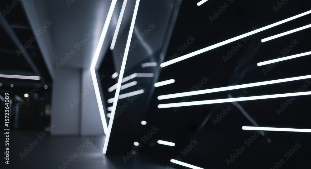Poster glowing neon lights create a striking visual in a modern architectural space, highlighting geometric