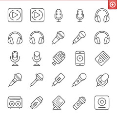 A collection of outlined icons featuring audio equipment such as microphones headphones and playback symbols icons
