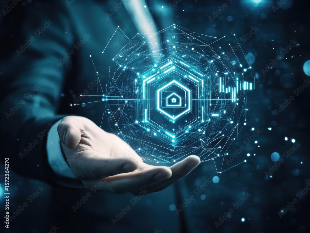 Poster a person in a formal suit presents a glowing digital interface with symbols representing cybersecuri