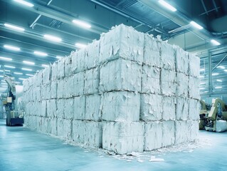 A significant stack of compressed paper bales is seen in a brightly lit recycling facility. Machinery is present, indicating ongoing recycling processes during the day.