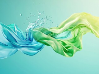 Bright blue and green fabric swirls elegantly, mixing with splashes of clear water. The background is a soft gradient, enhancing the motion and fluidity of the composition.